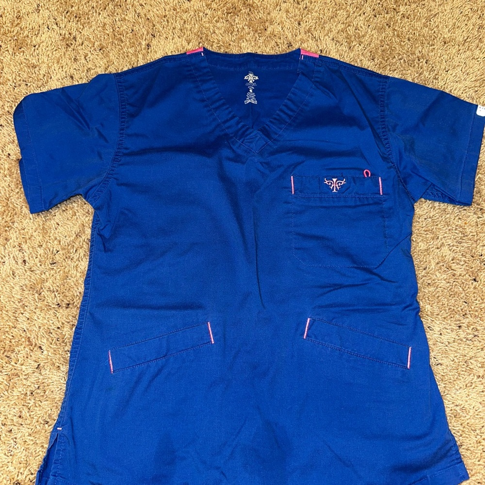 Blue Scrub Top and bottoms with Pink Accents